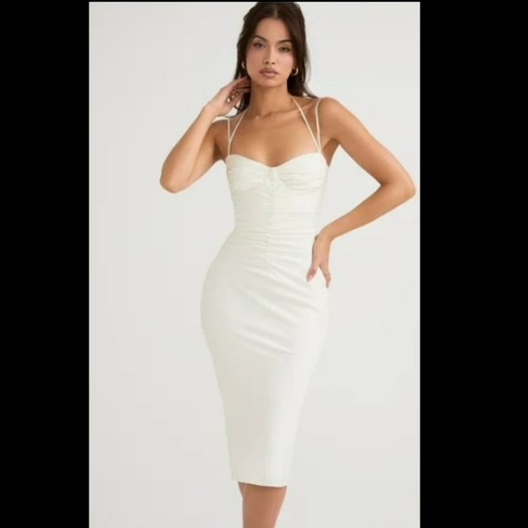 House of CB Ivory Ruched Dress Sz  L - Picture 2 of 16